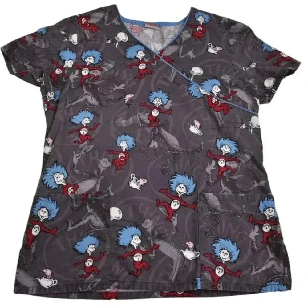 Dr. Seuss Scrub Top Thing 1 & Thing 2 Cat in the Hat Gray Size Small